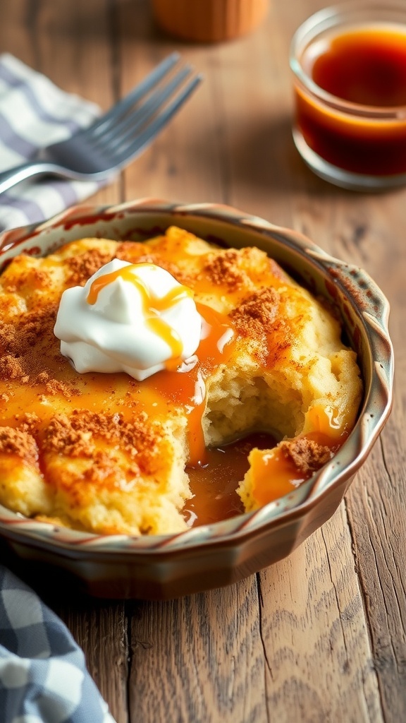 A slice of Mexican bread pudding topped with whipped cream and caramel sauce on a rustic table.